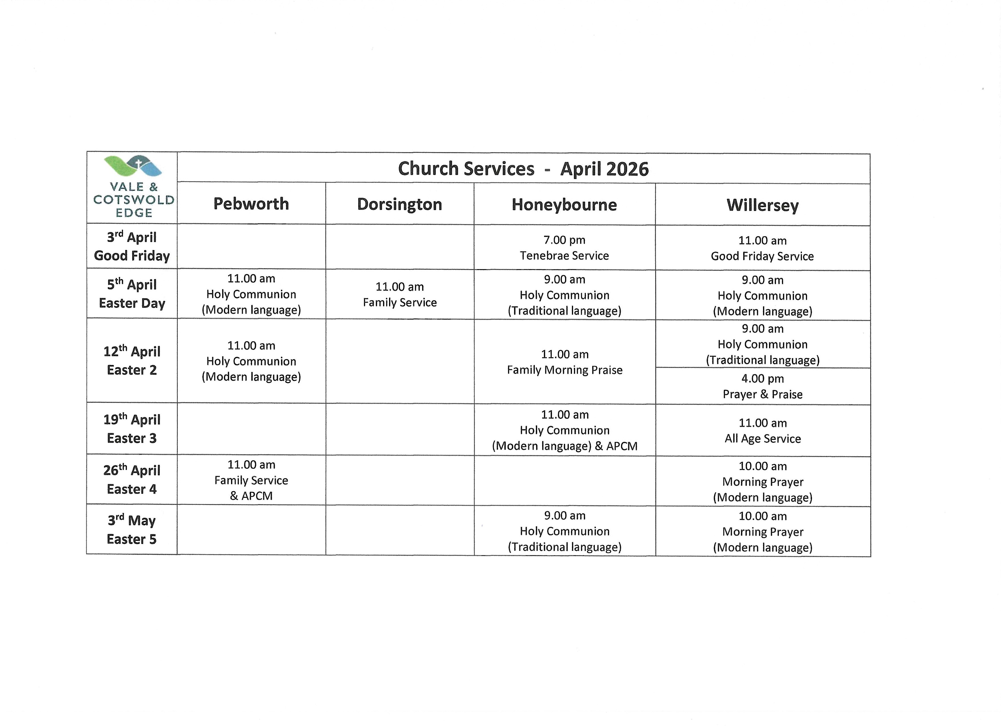 Willersey April 2026 Services